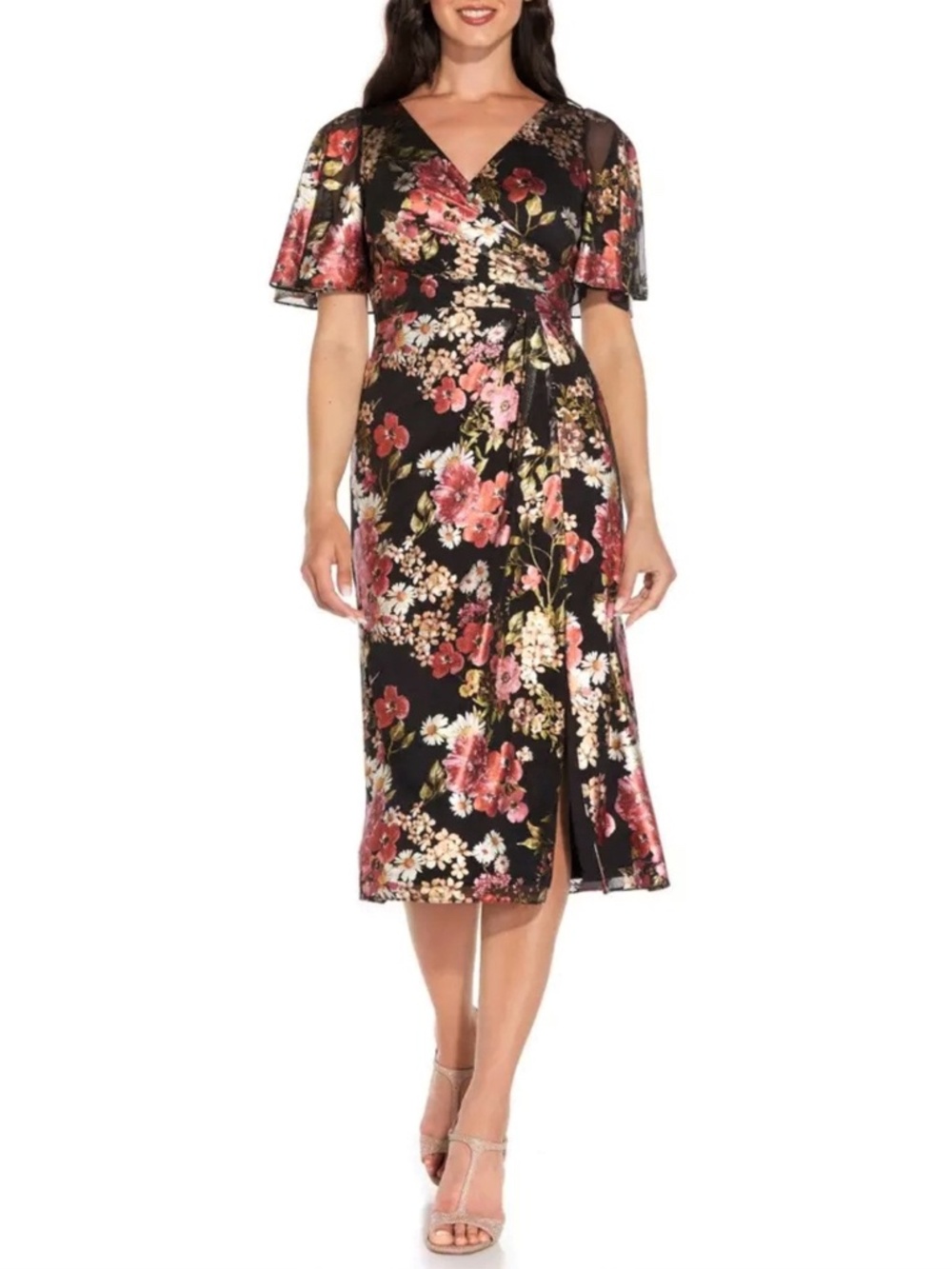 Adrianna Papell Women's Floral Foiled Print Mesh Draped Midi Dress Size 16W